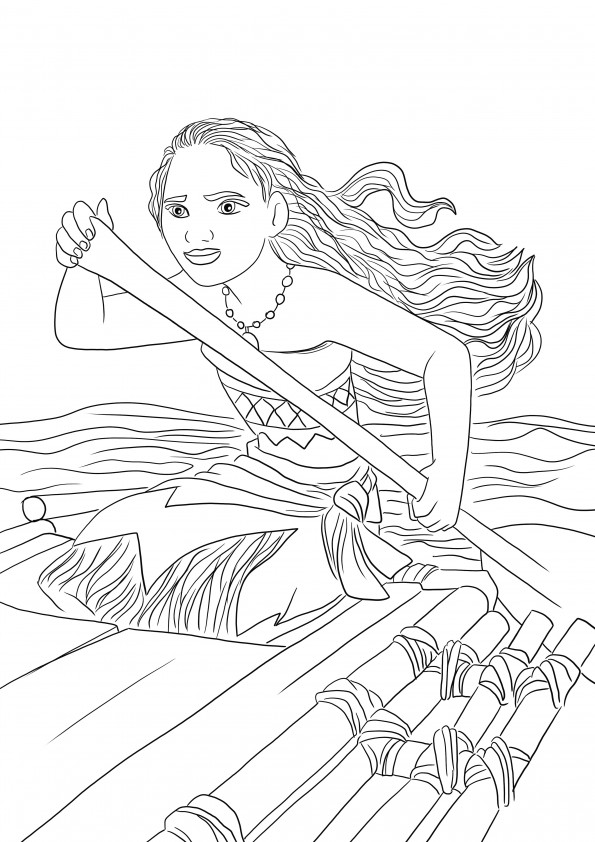 Moana paddling in the ocean free coloring and downloading page for kids to color