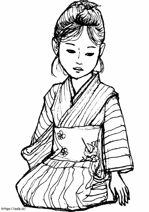 着物を着た日本の女の子 ぬりえ - 塗り絵