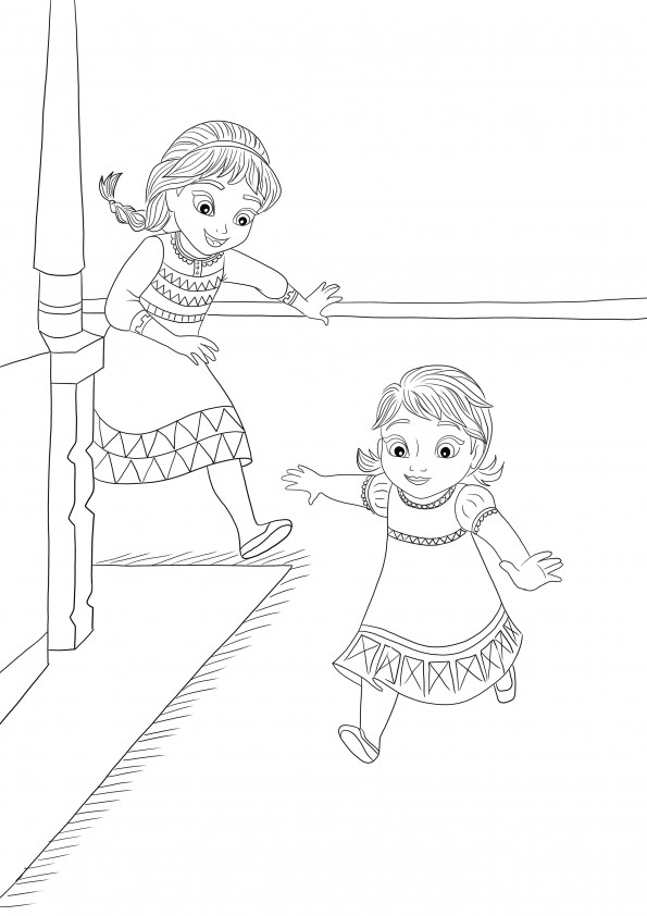 As jovens Anna e Elsa brincando juntas - prontas para serem impressas gratuitamente e coloridas