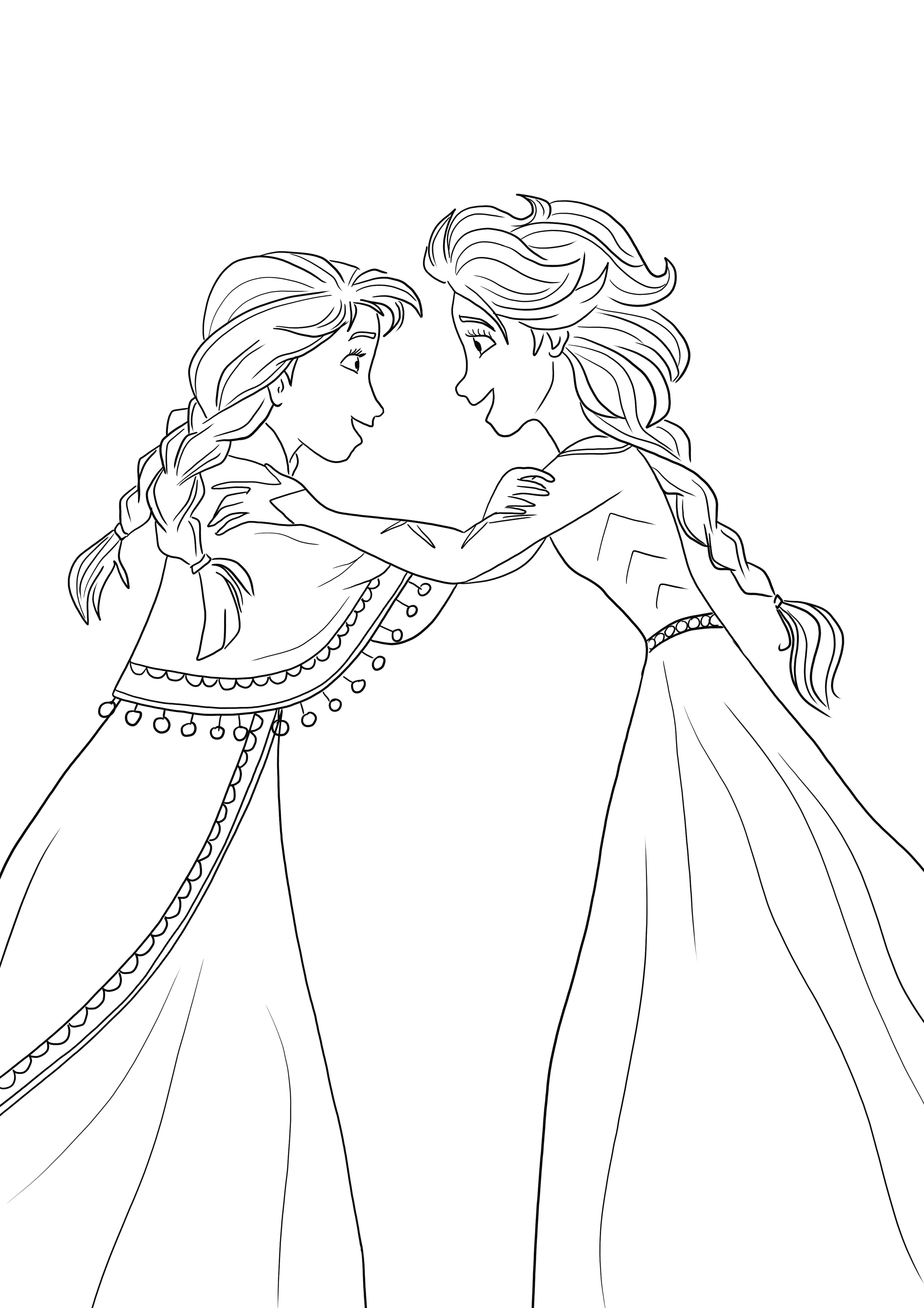Ausmalbild von Anna und Elsa, die glücklich sind, weil der Fluch gebrochen ist, druckbar