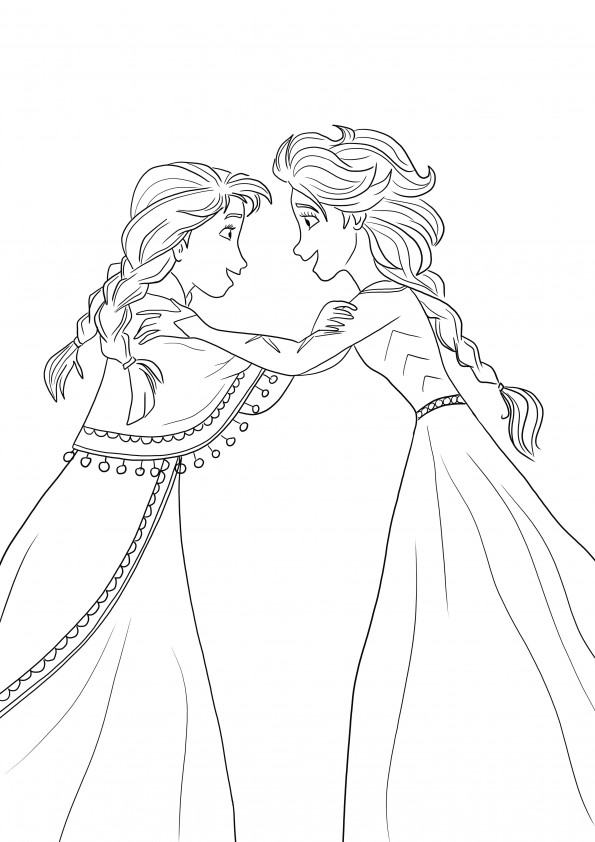 Coloring page of Anna and Elsa being happy as the curse is broken-free printable