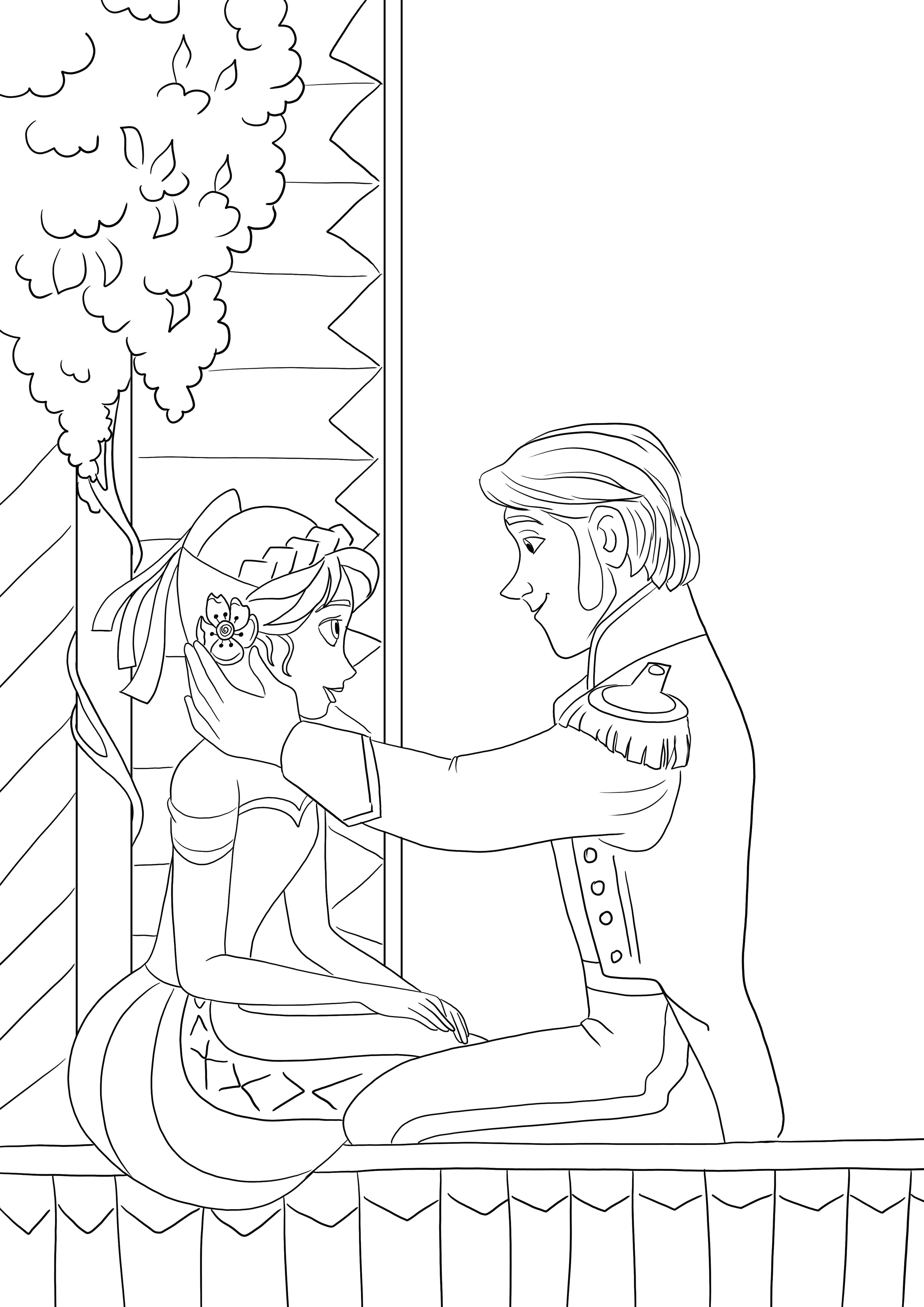 Gambar mewarnai manis Anna jatuh cinta dengan Hans gratis untuk diunduh atau dicetak