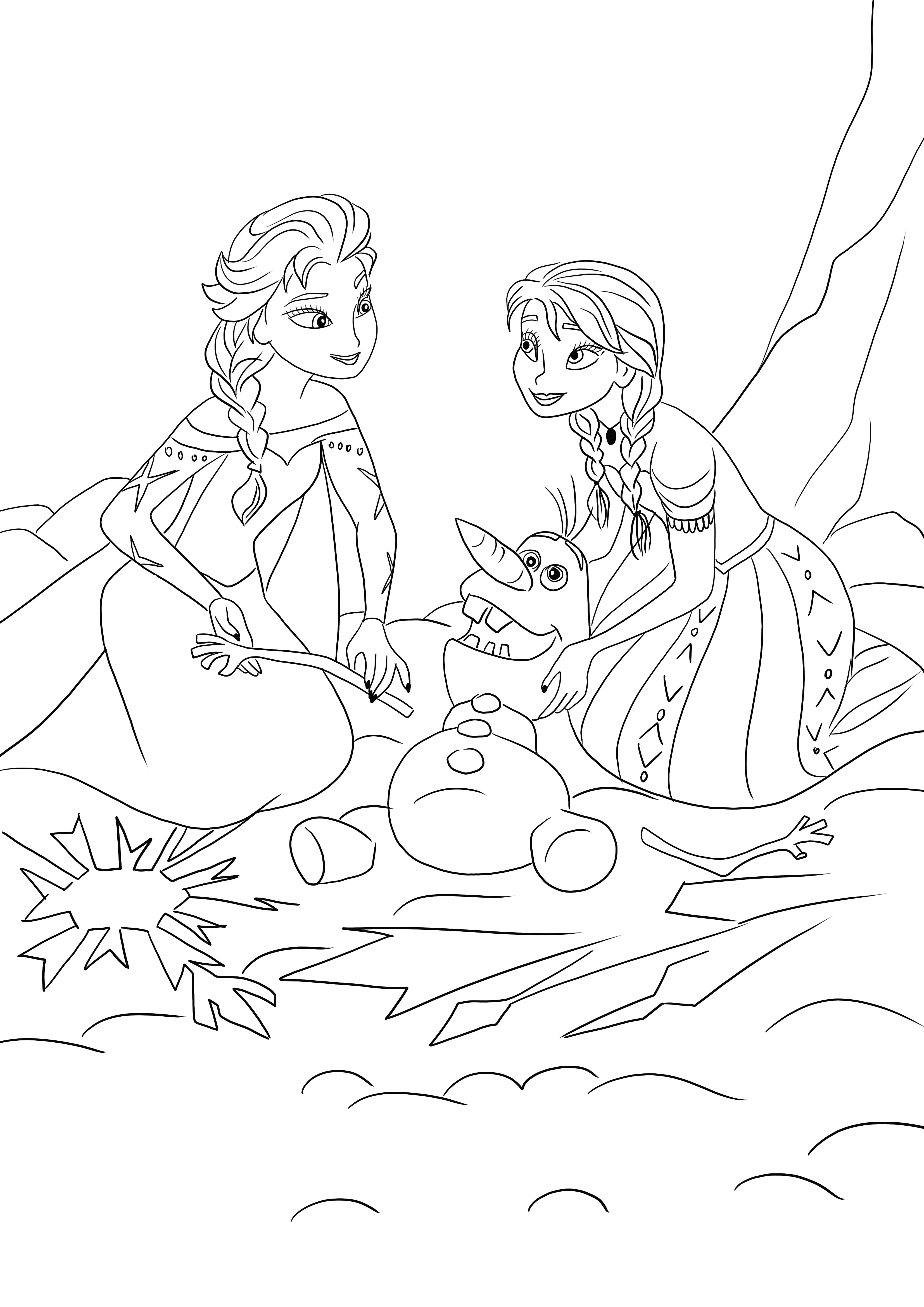 Elsa en Anna proberen smeltende Olaf te redden. Gratis te downloaden blad en gemakkelijk in te kleuren kleurplaat