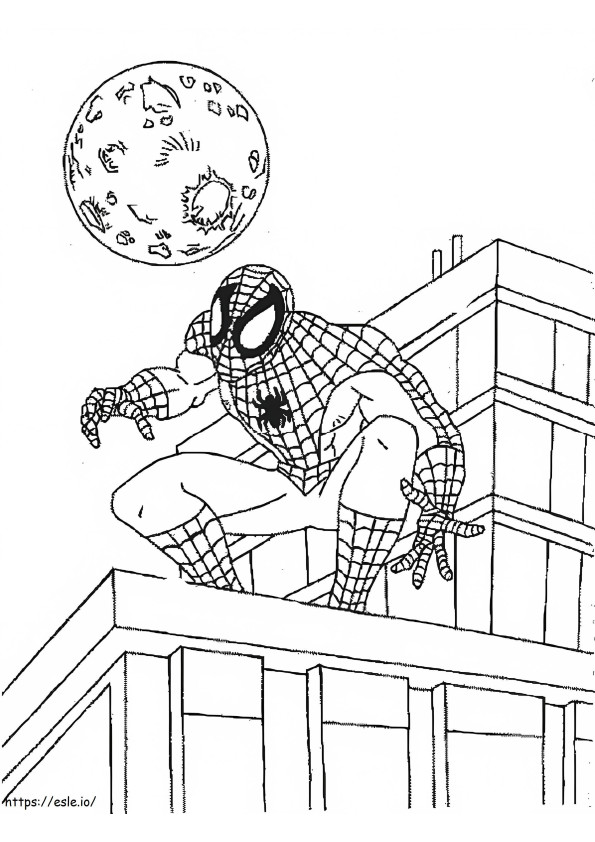 Coloriage Spider Man dans la ville avec la lune à imprimer dessin