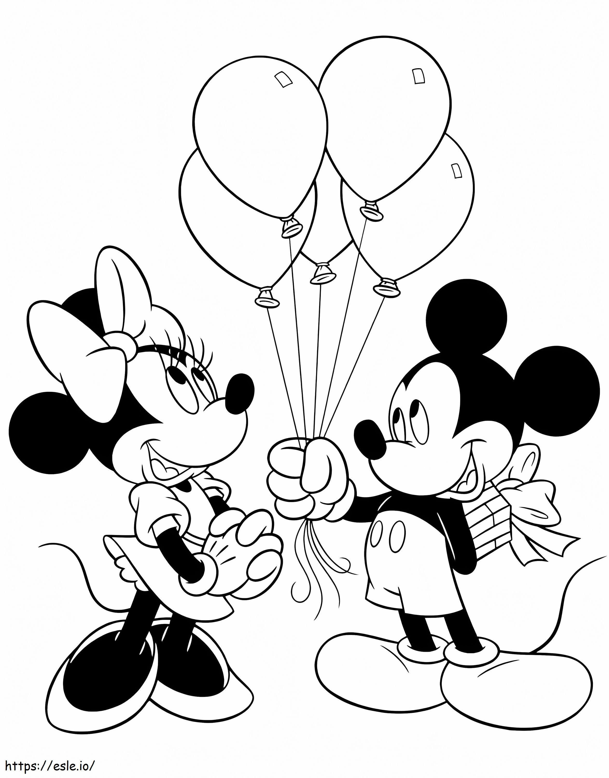 Mickey en Minnie met ballonnen en cadeau kleurplaat kleurplaat