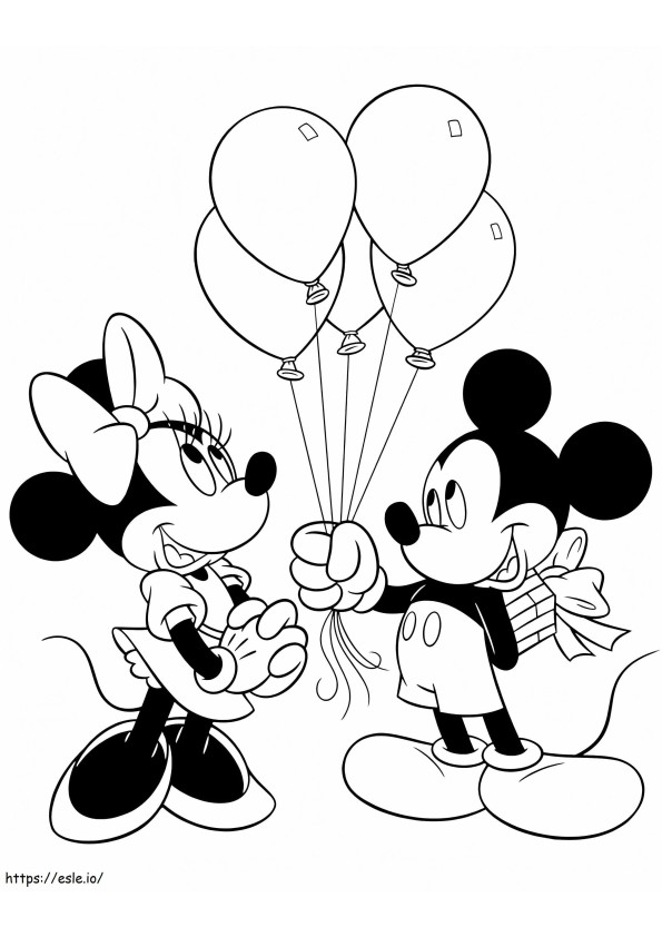 Coloriage Mickey et Minnie avec des ballons et un cadeau à imprimer dessin