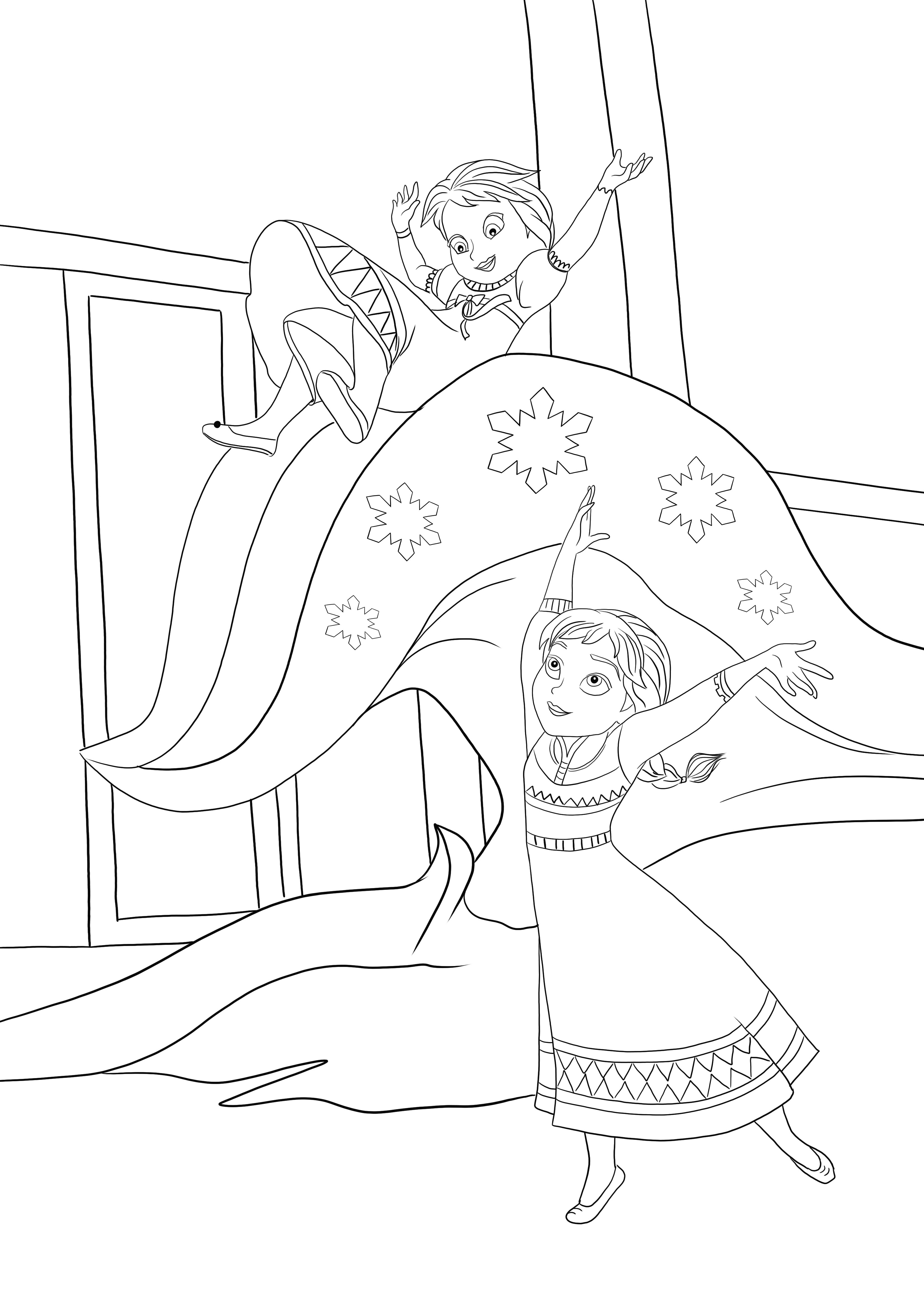 La piccola Elsa usa i suoi poteri di ghiaccio con Anna per il download gratuito e l'immagine da colorare