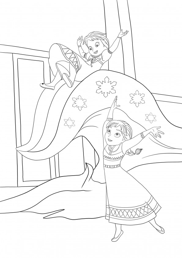 Little Elsa using her ice powers with Anna for free downloading and coloring picture