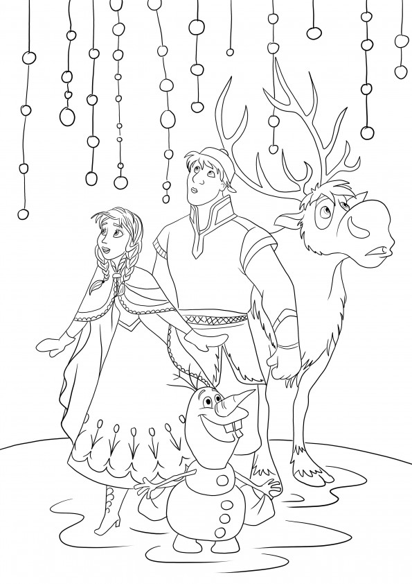 Anna-Kristoff and Olaf are enchanted by the scene ready to be printed and colored for free