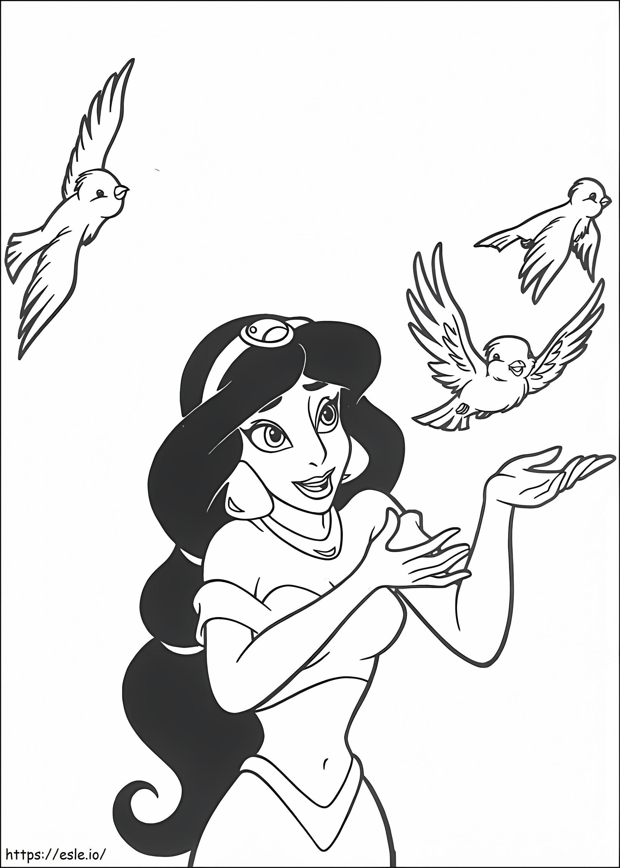 Jasmine Playing With Birds A4 coloring page