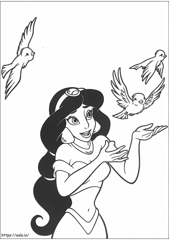 Coloriage  Jasmin jouant avec des oiseaux A4 à imprimer dessin