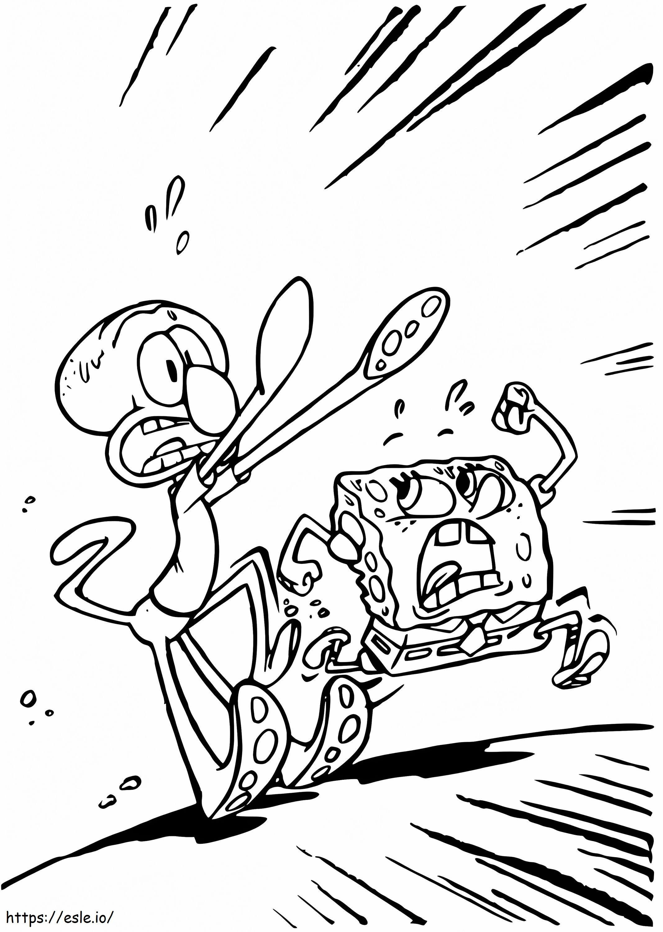 Spongebob și calmarul alergând de colorat