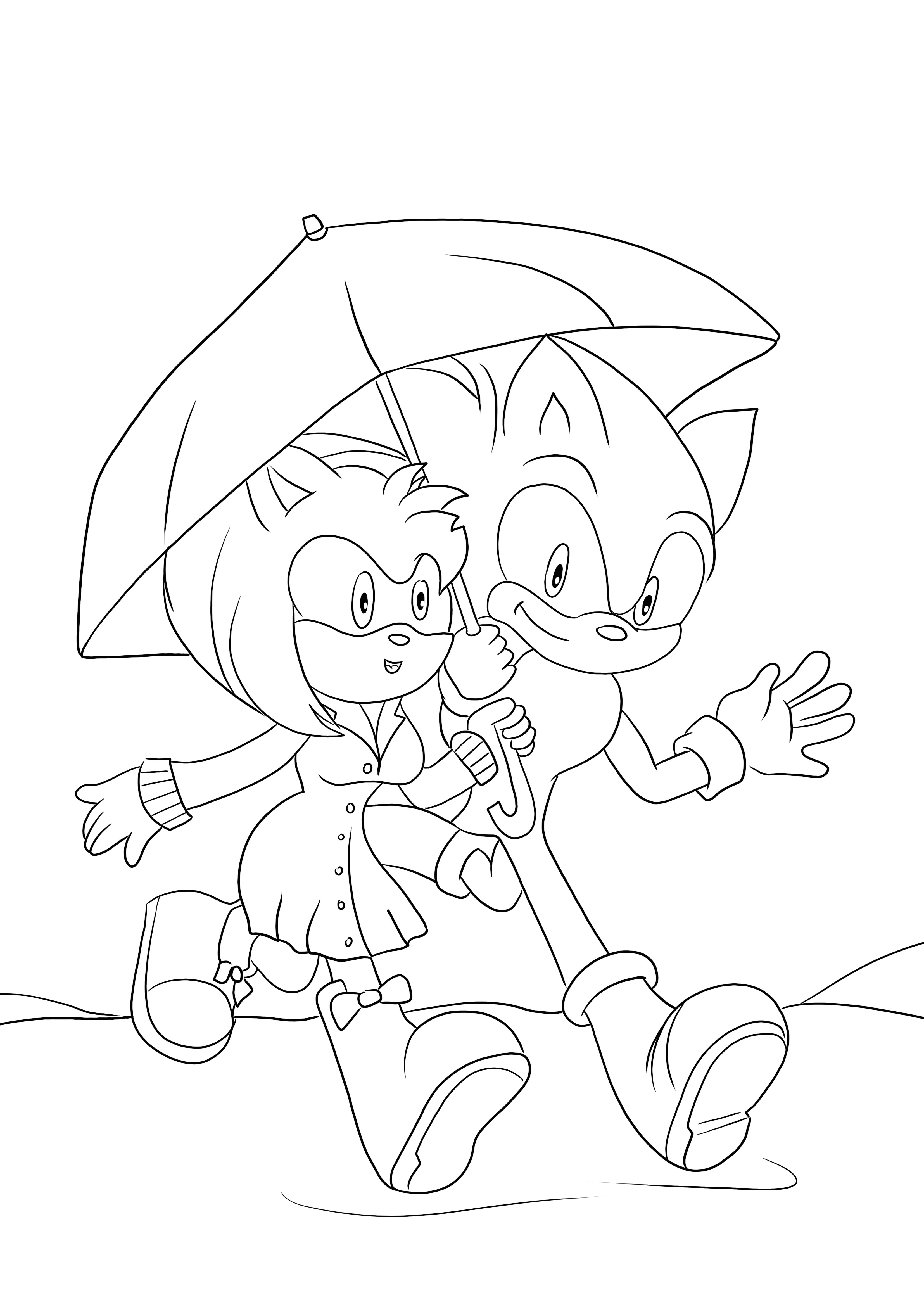 Amy Rose and Sonic under umbrella free coloring and printing page for kids