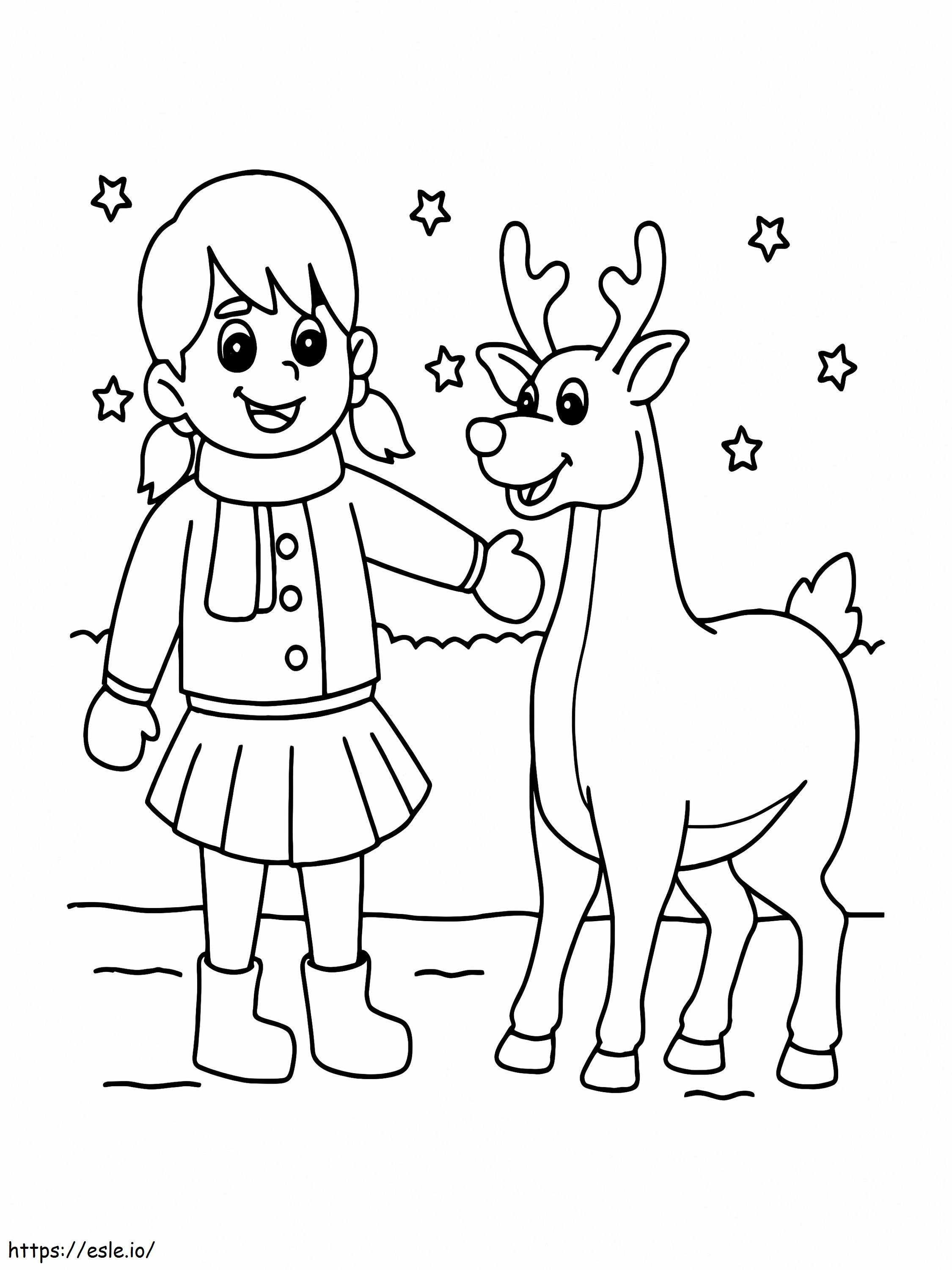 Coloriage Jolie fille et renne de Noël 2 à imprimer dessin