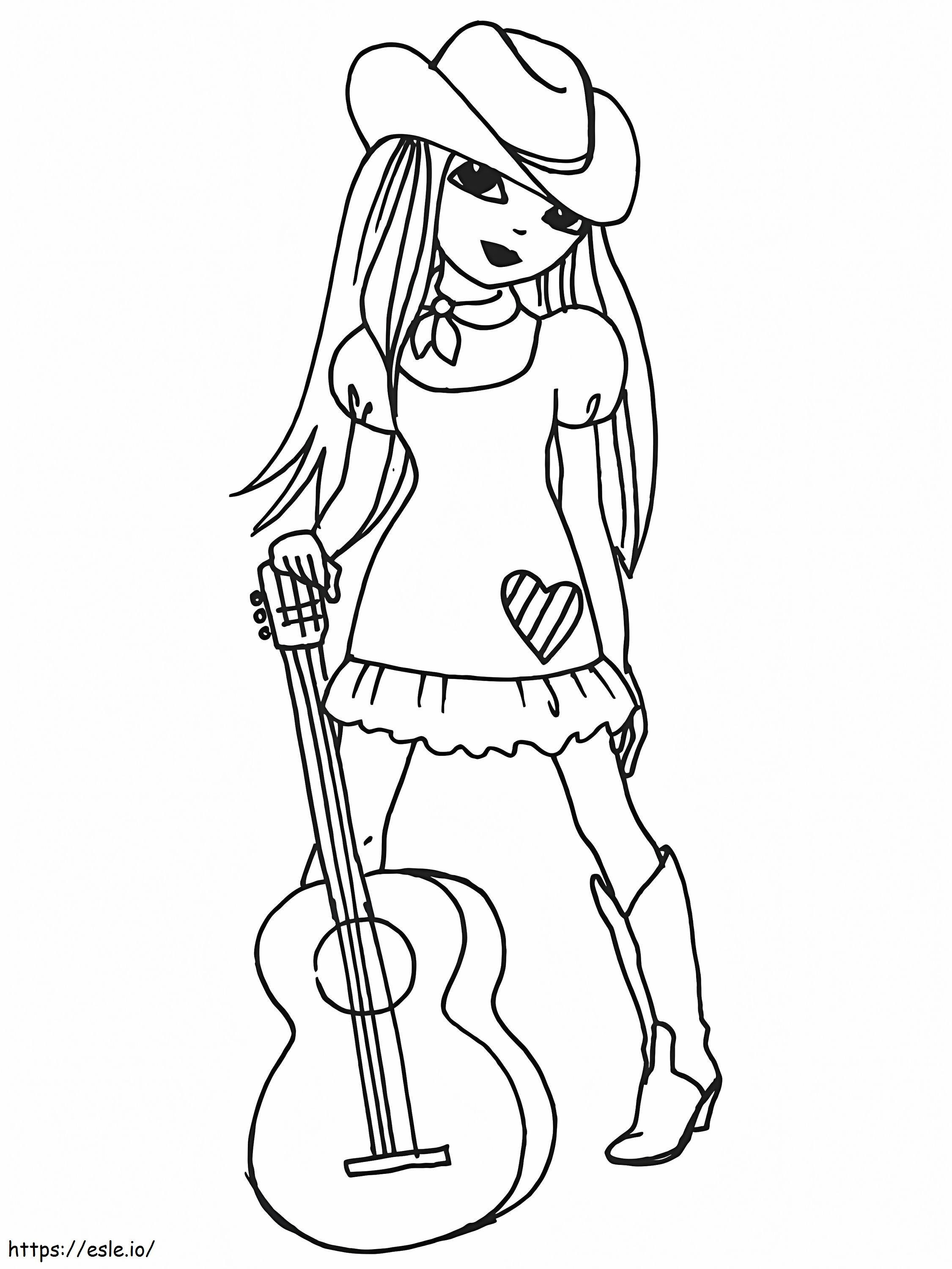 Coloriage Cow-girl avec guitare à imprimer dessin