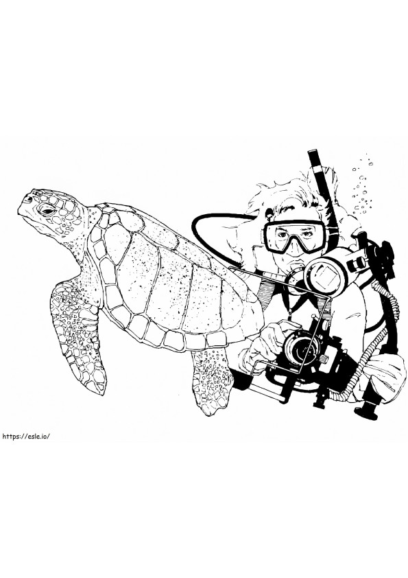 Mergulhador e tartaruga marinha para colorir