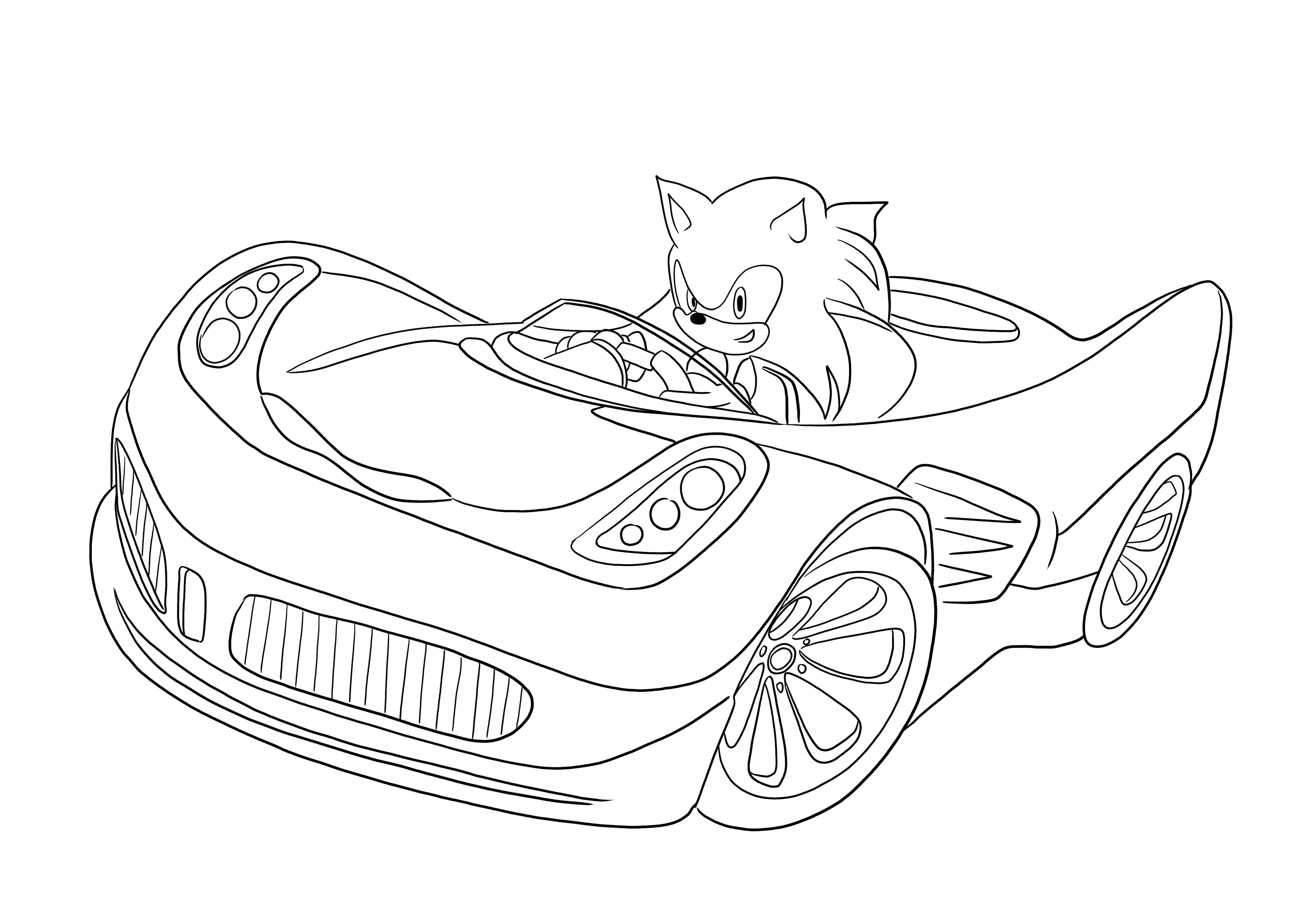 Darmowa kolorowanka przedstawiająca Sonic jadącego samochodem do wydrukowania i wykorzystania z dziećmi