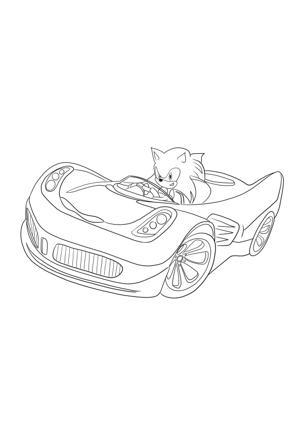 Coloriage gratuit de Sonic conduisant une voiture à imprimer et à utiliser avec les enfants