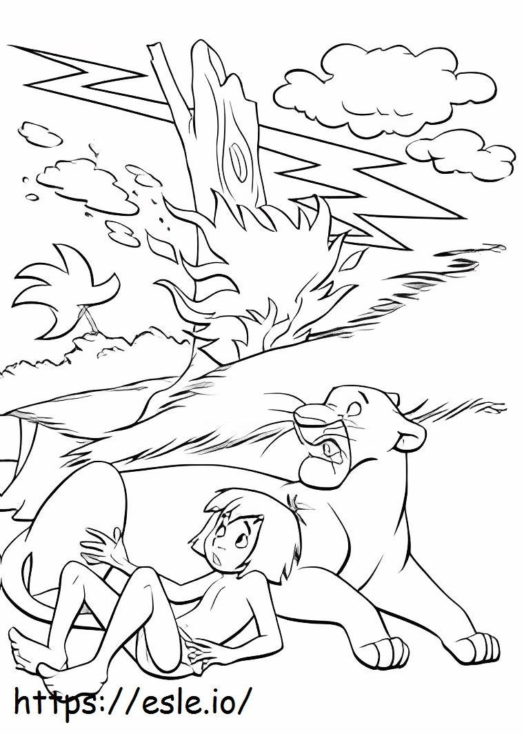Coloriage Bagheera et Mowgli dans la jungle à imprimer dessin