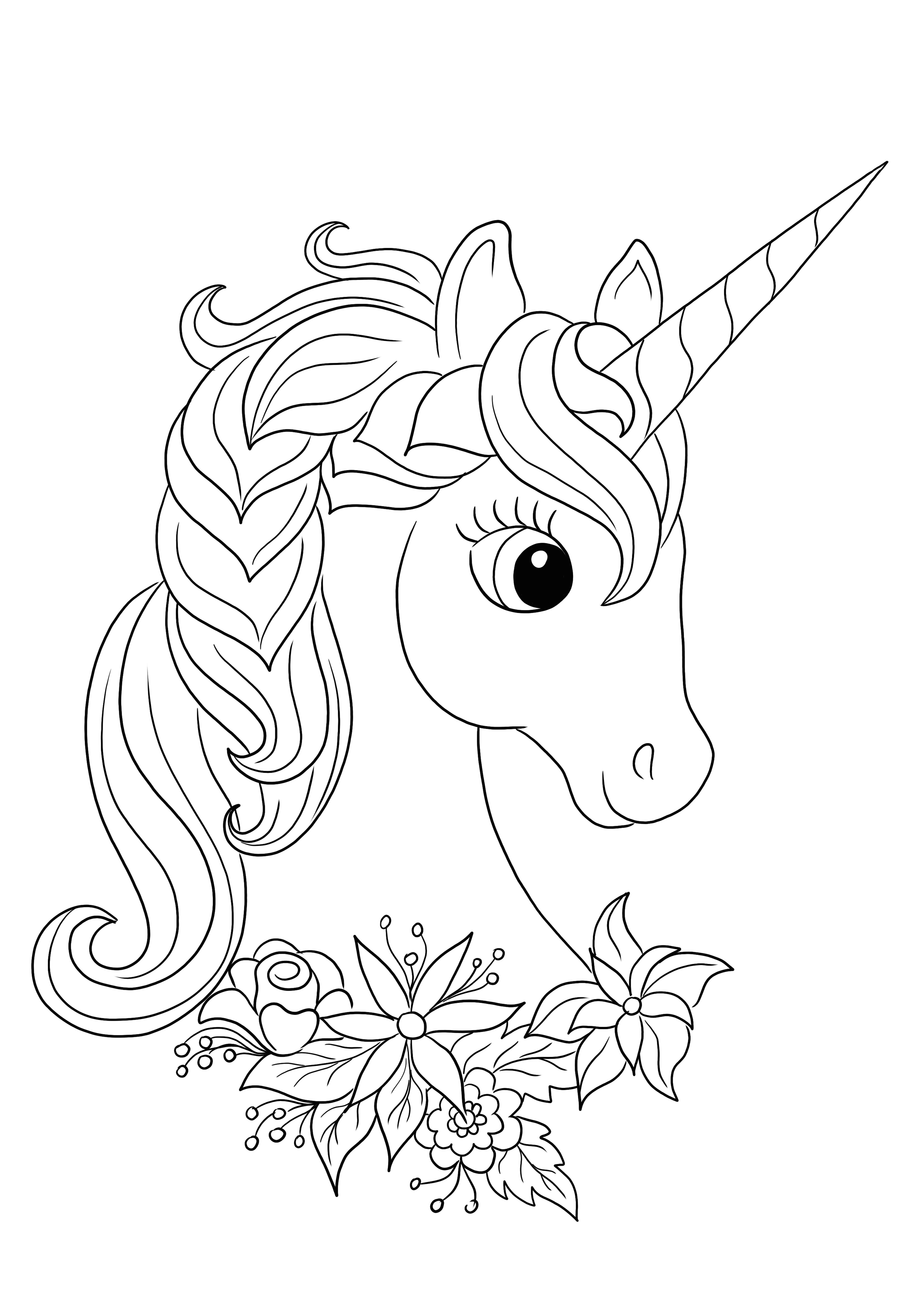 Yazdırmak için çiçekler ve iri gözlü bir tek boynuzlu atın basit boyama resmi