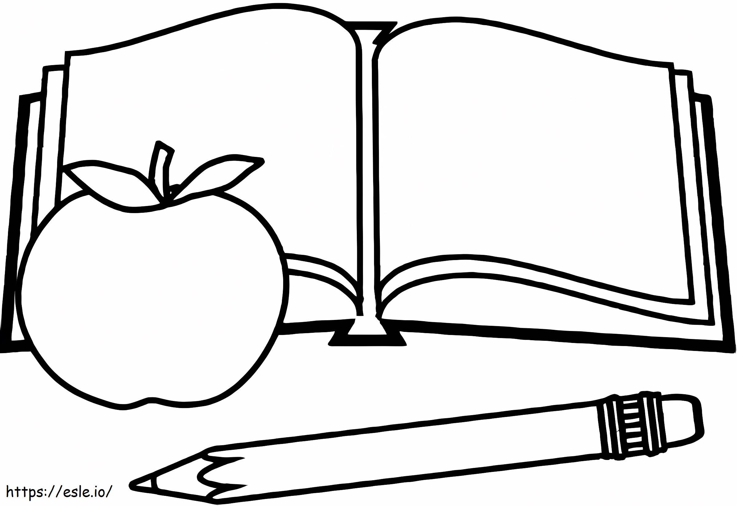 Manzana, Libros Y Lapiz. Página De Libro Para Colorear En Blanco Y