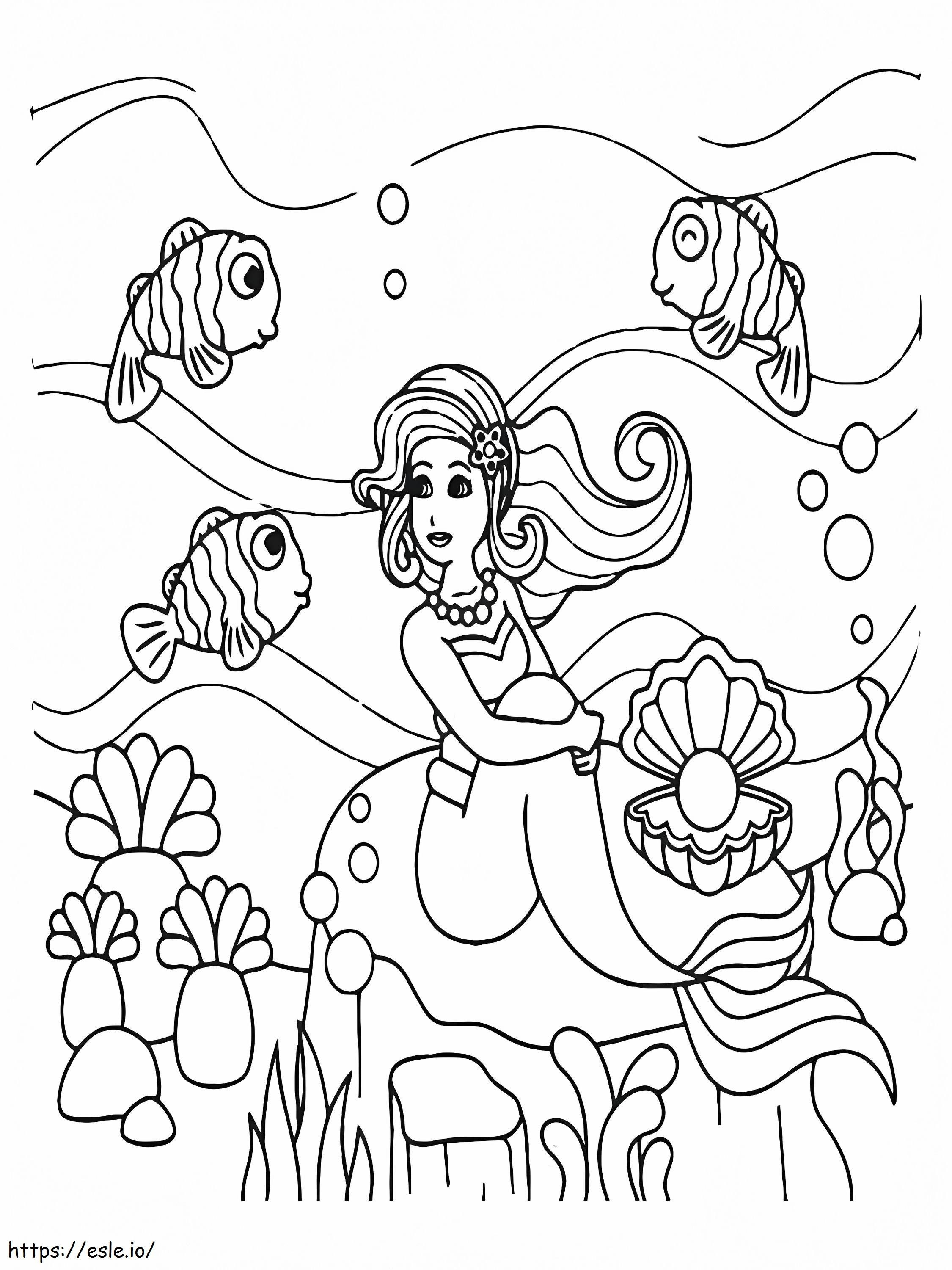 Meerjungfrau, Muschel, Und, Fish ausmalbilder