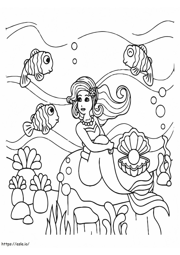 人魚の貝殻と魚 ぬりえ - 塗り絵