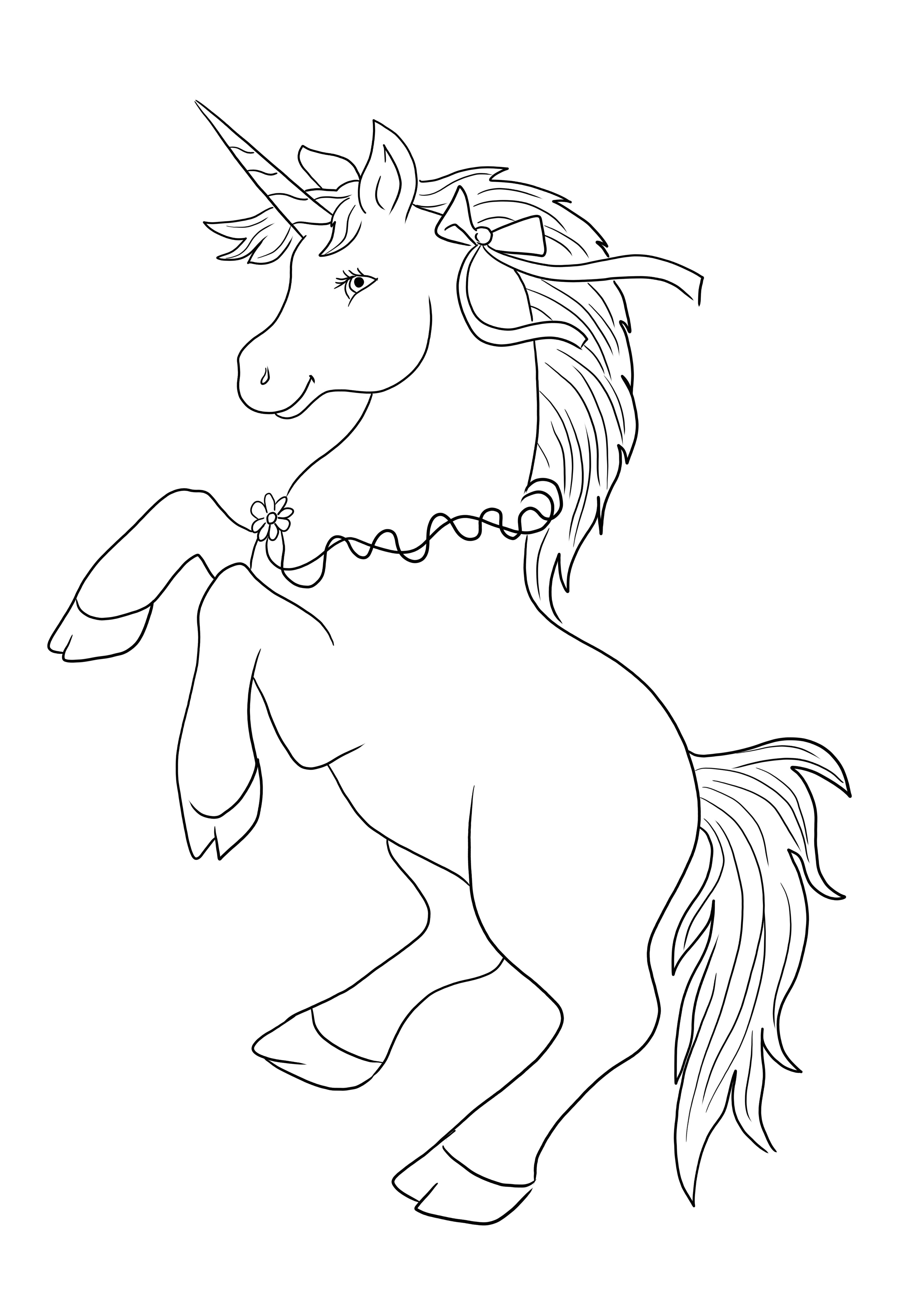 Unicorn dengan pita busur dan bunga bebas untuk diunduh dan diwarnai dengan mudah