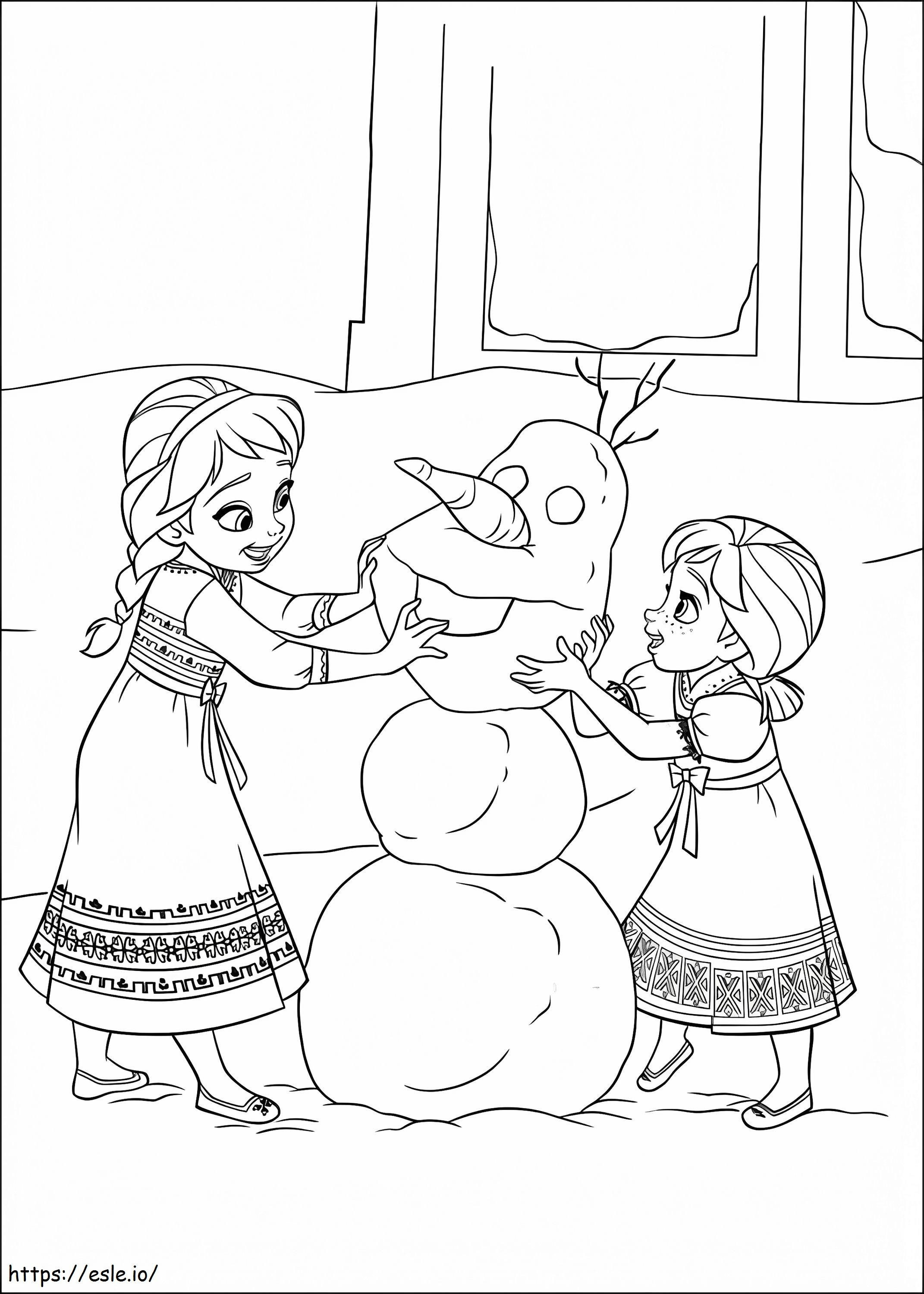 Coloriage Elsa et Anna construisent Olaf à imprimer dessin