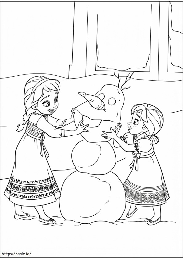 Elsa en Anna bouwen Olaf kleurplaat