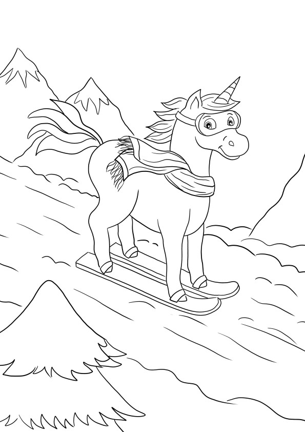 Impresión y coloreado gratis de un Unicornio esquiando para niños