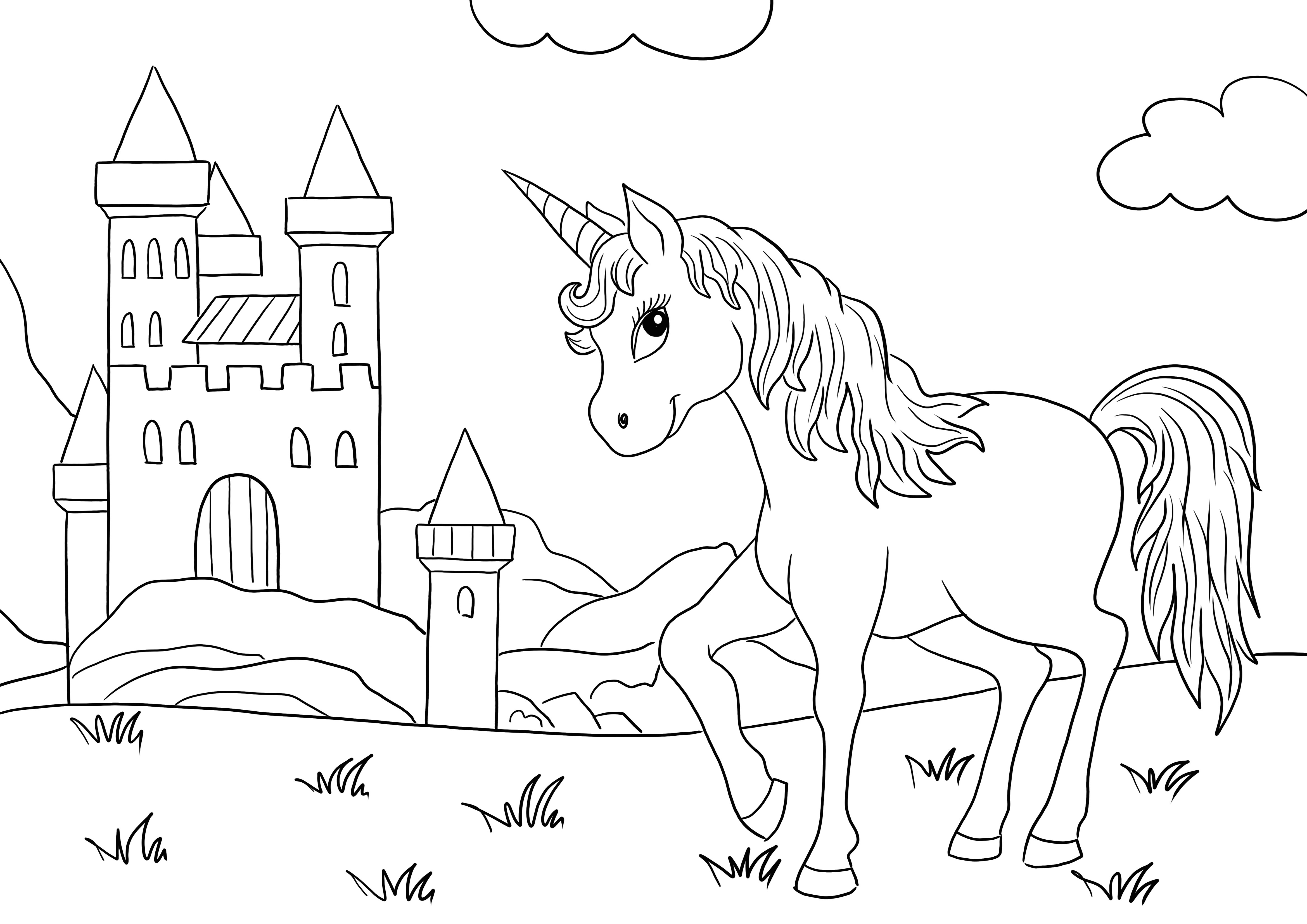 Majestic Unicorn and Castle sont prêts à être imprimés et coloriés gratuitement