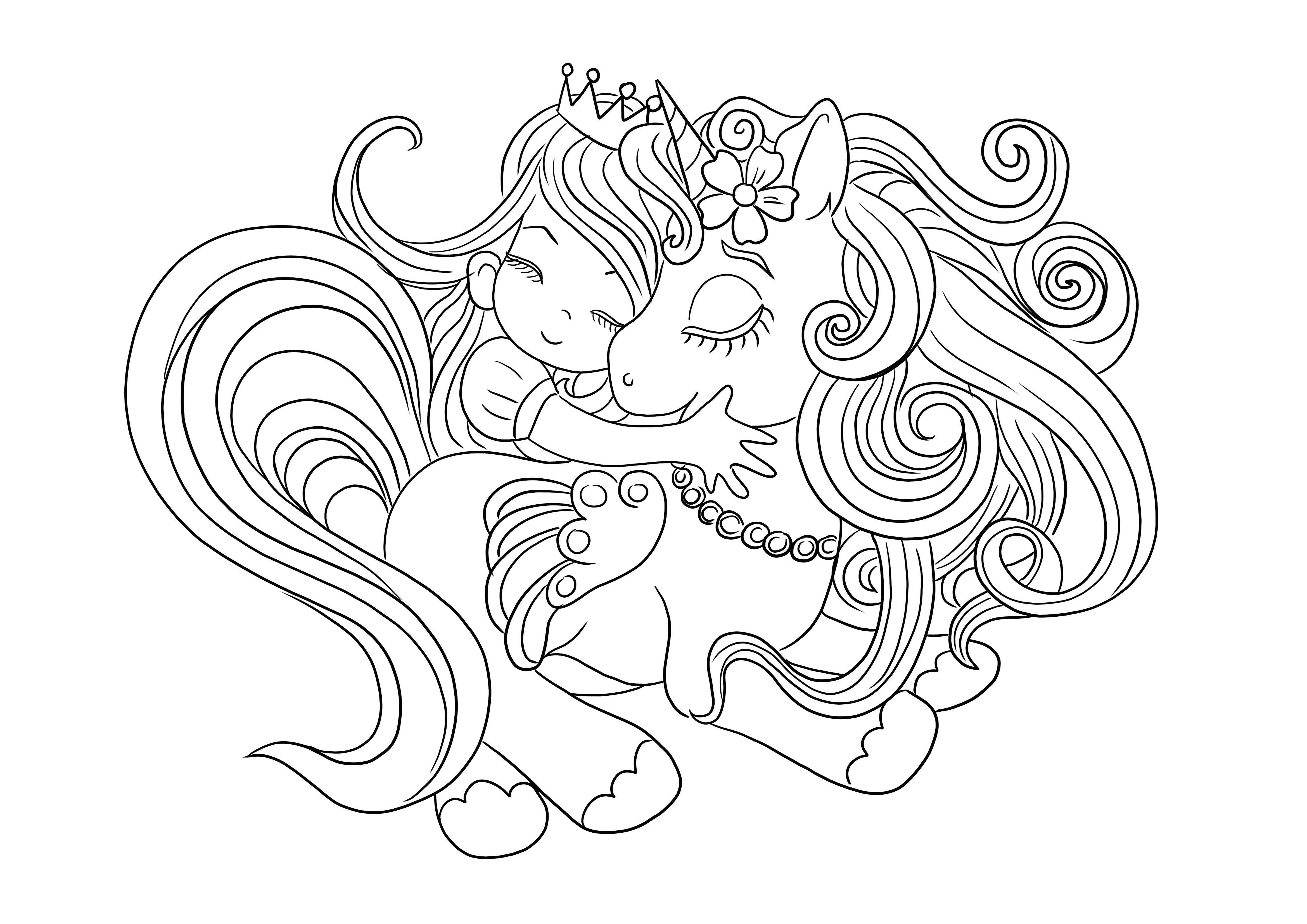 Abbracci di unicorno e ragazza da stampare e colorare gratuitamente per i bambini