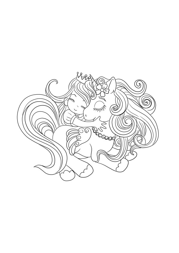 Unicorn și fată se îmbrățișează pentru a imprima și colora gratuit pentru copii
