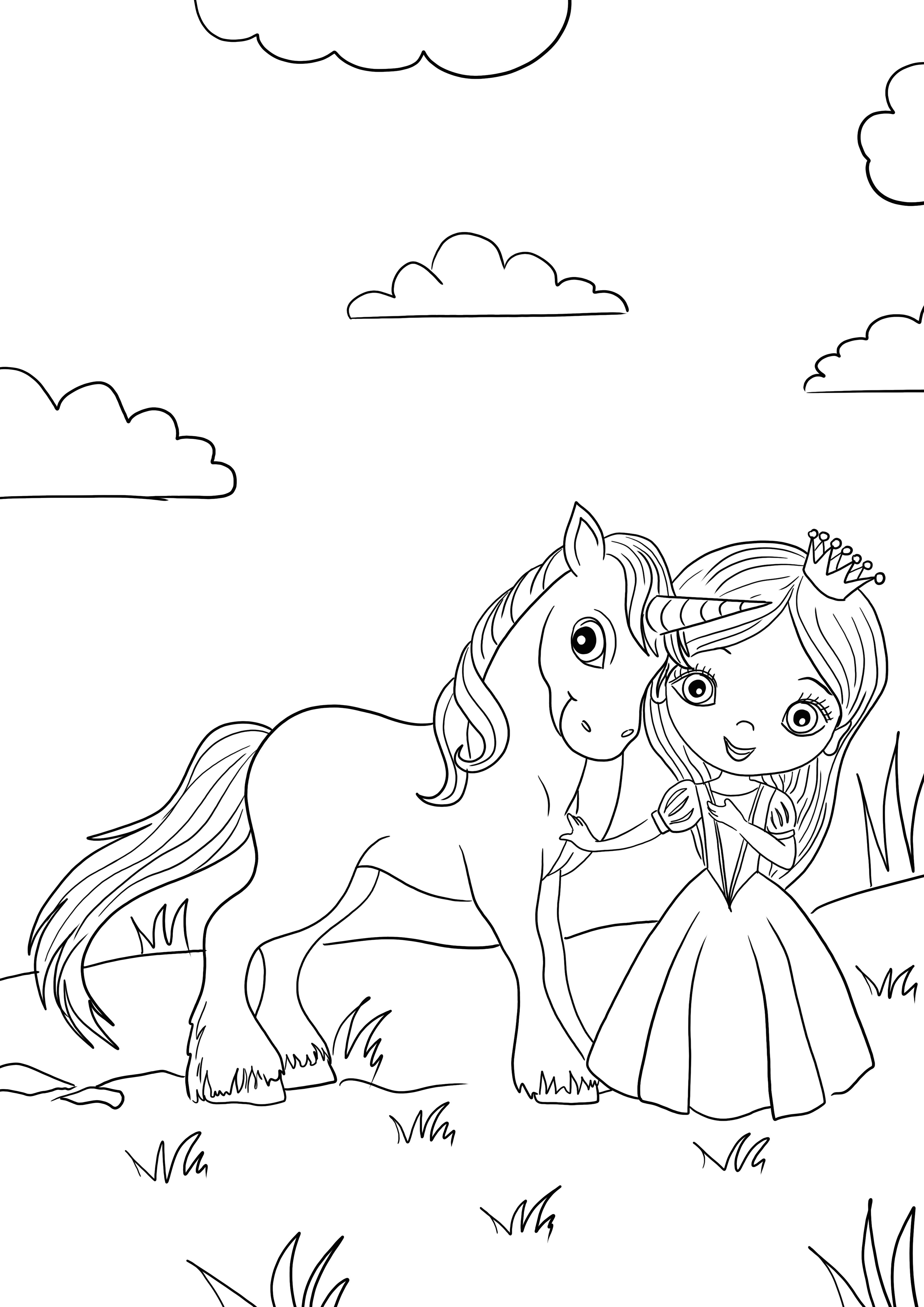 Princesa y unicornio para descargar y colorear gratis