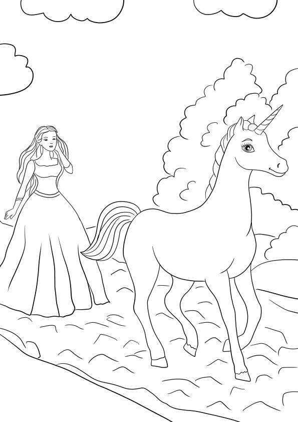 Unicorn running from princess coloring and free printing page