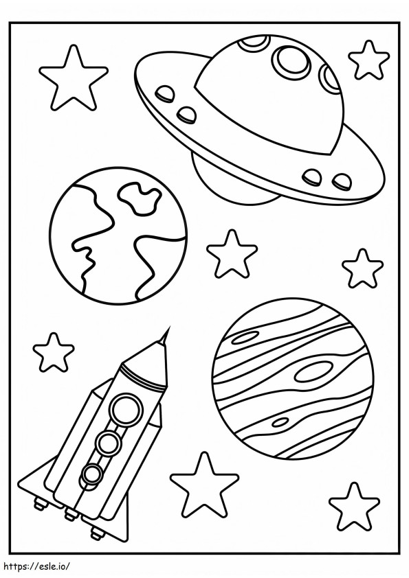 UFO Spaceship Two Planets And Stars coloring page
