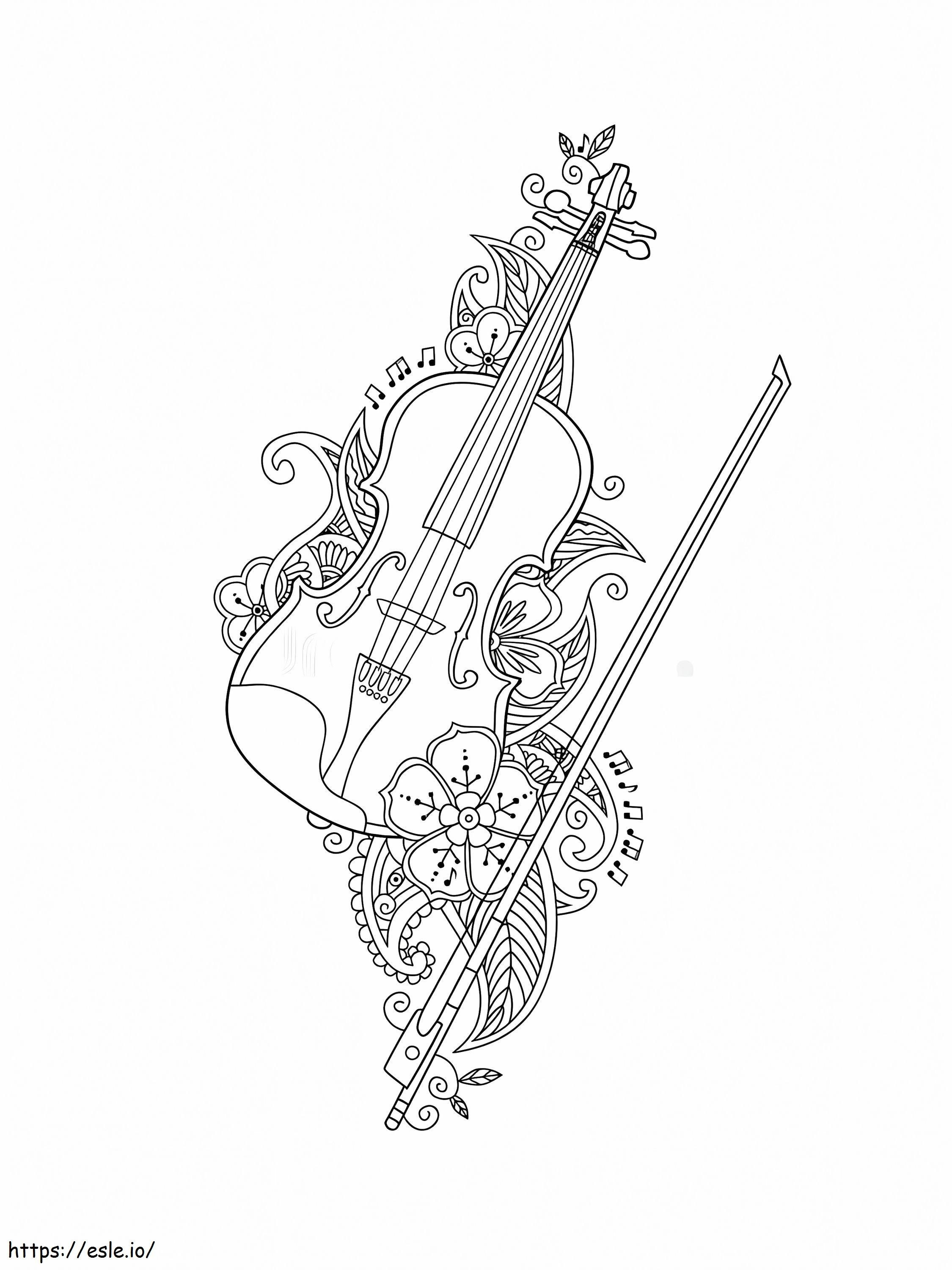 violín y arco con flores para colorear