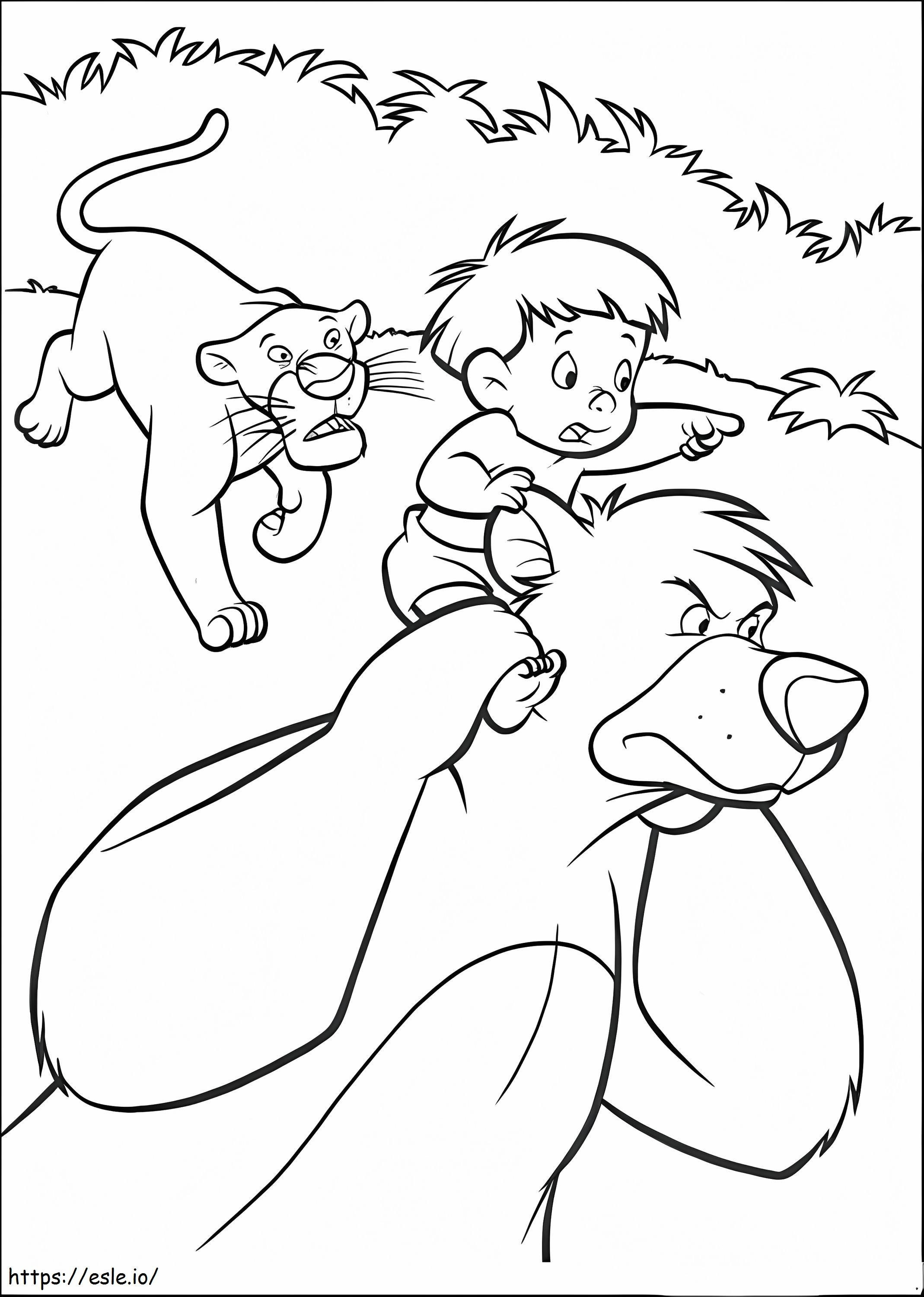 Baloo Bagheera e um menino está correndo para colorir