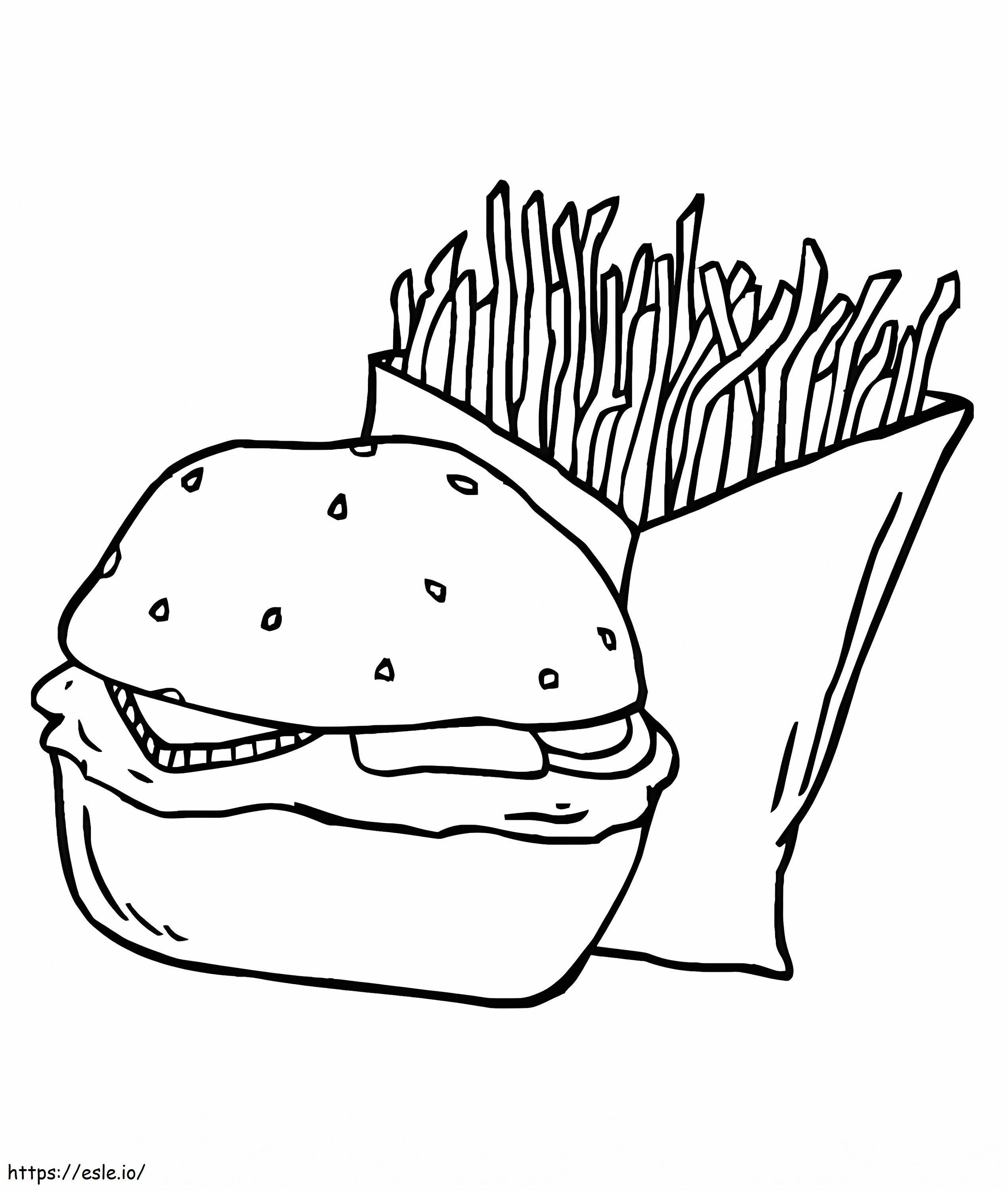Batatas fritas e hambúrguer para colorir