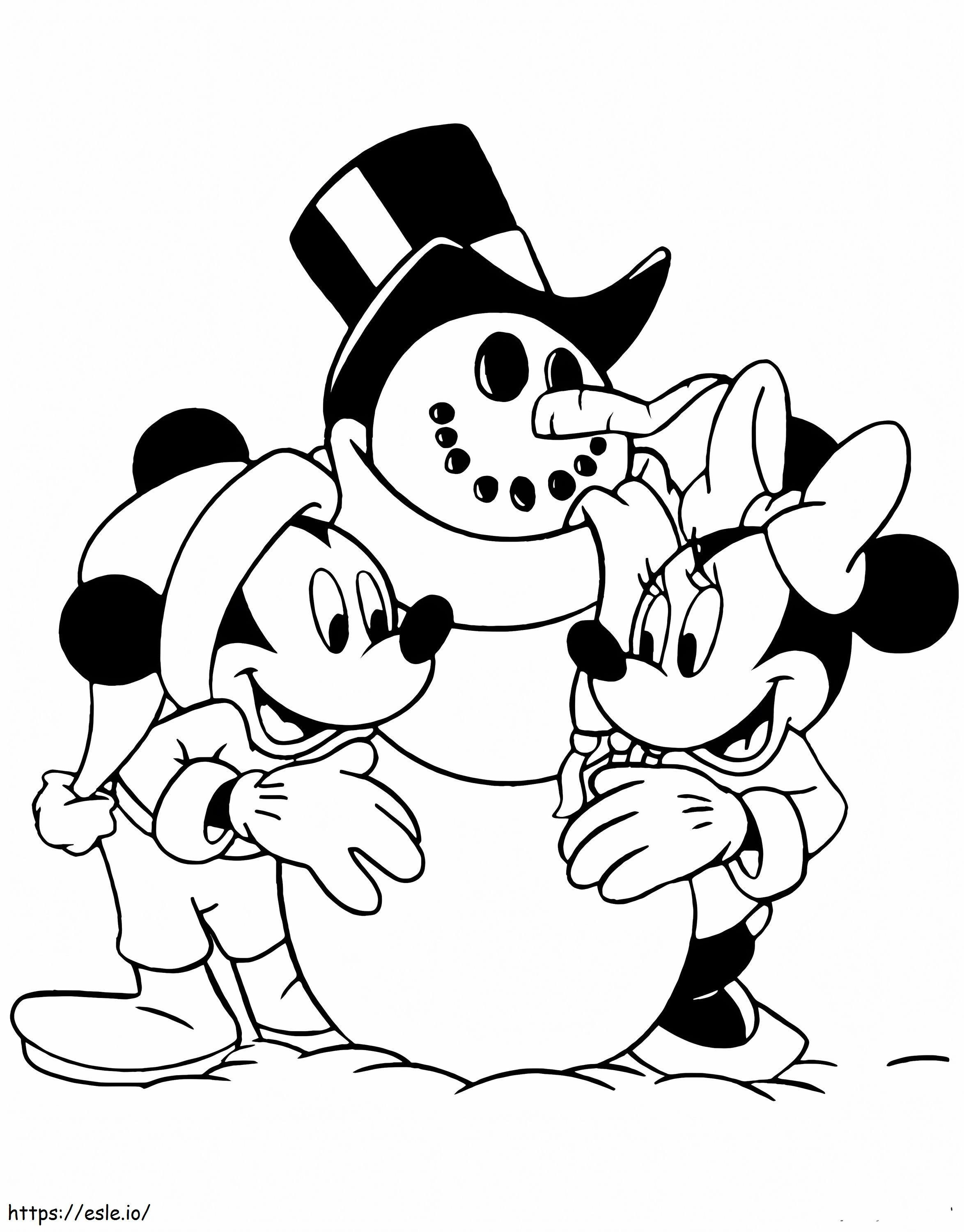 Coloriage Bonhomme de neige avec Mickey et Minnies à imprimer dessin