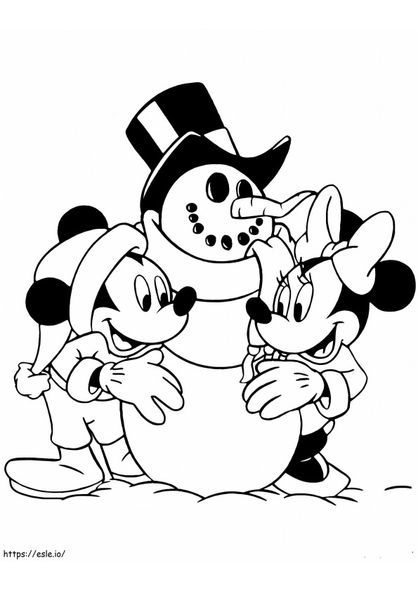 Boneco de neve com Mickey e Minnies para colorir