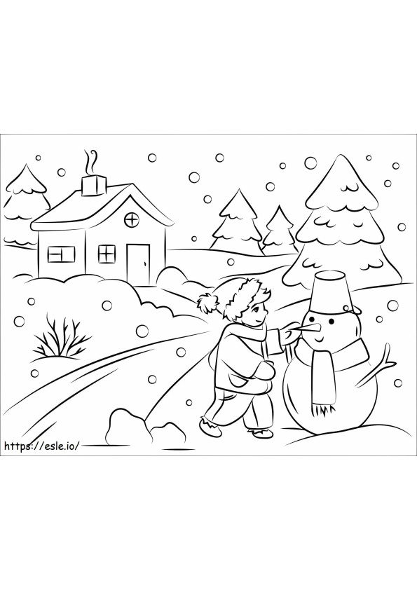 Coloriage garçon, bâtiment, bonhomme neige, 1 à imprimer dessin