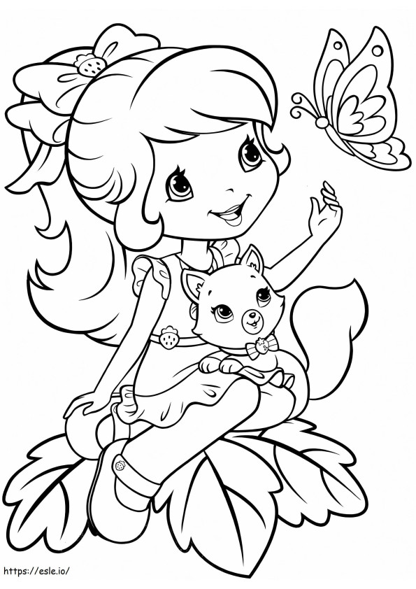 Strawberry Shortcake With Custard And Butterfly coloring page