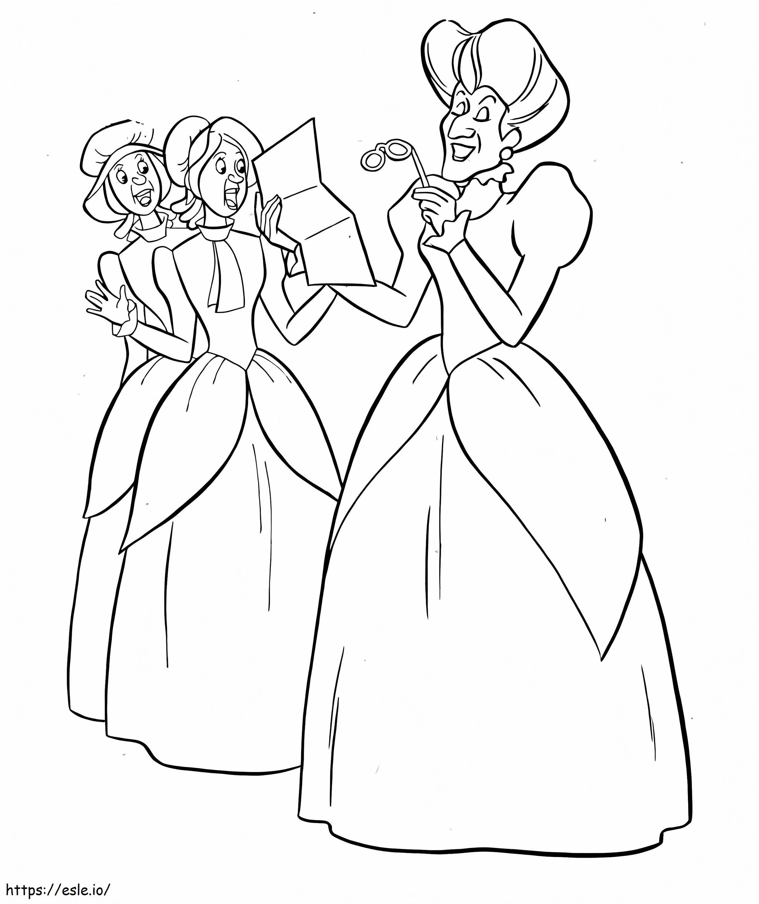 Lady Tremaine ja kaksi Cinderella-hahmoa värityskuva