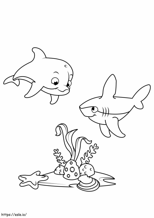 Coloriage Deux bébés requins avec des écailles de corail à imprimer dessin
