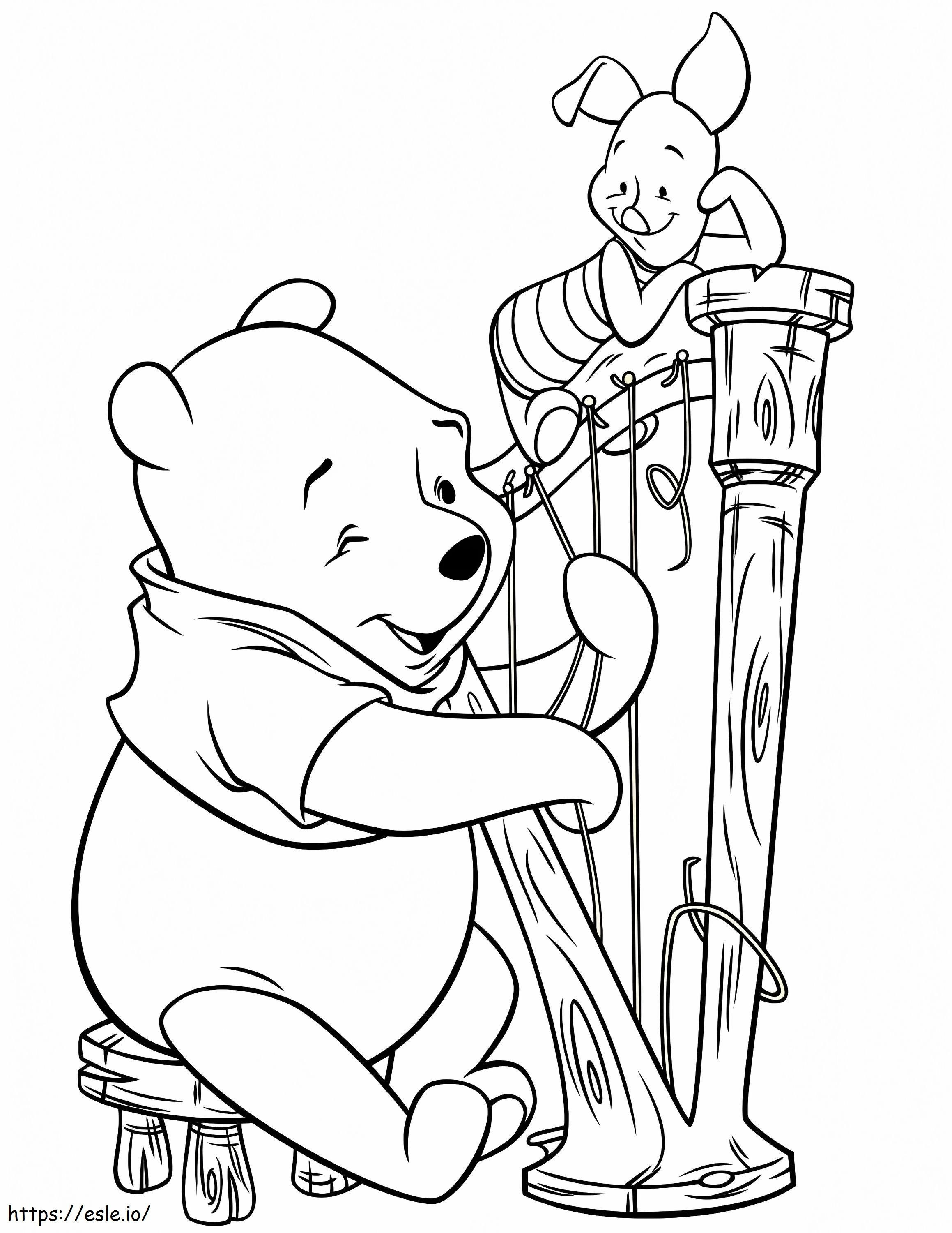 Ursinho Pooh e Leitão tocando instrumentos musicais para colorir