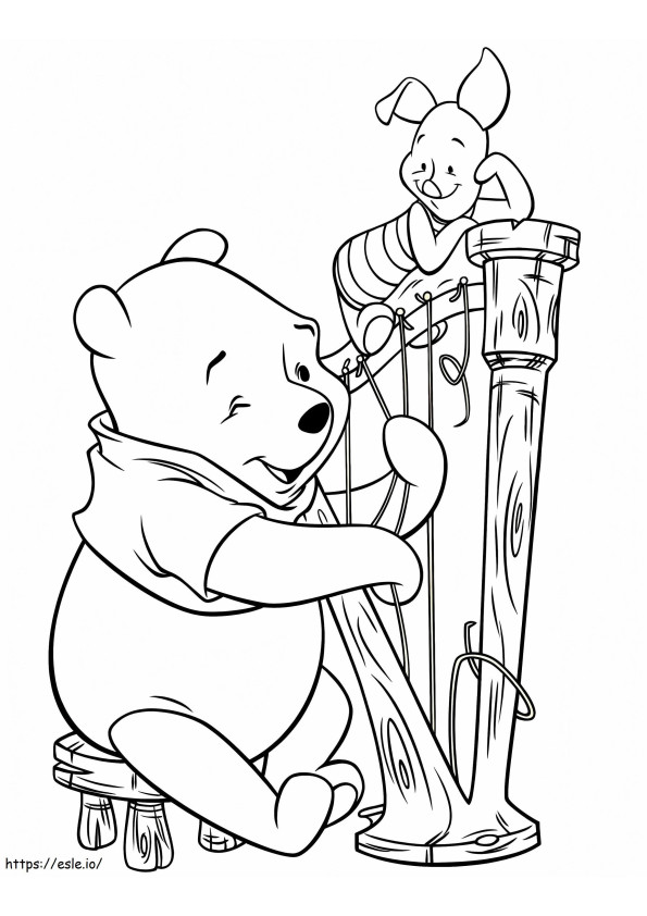 Ursinho Pooh e Leitão tocando instrumentos musicais para colorir
