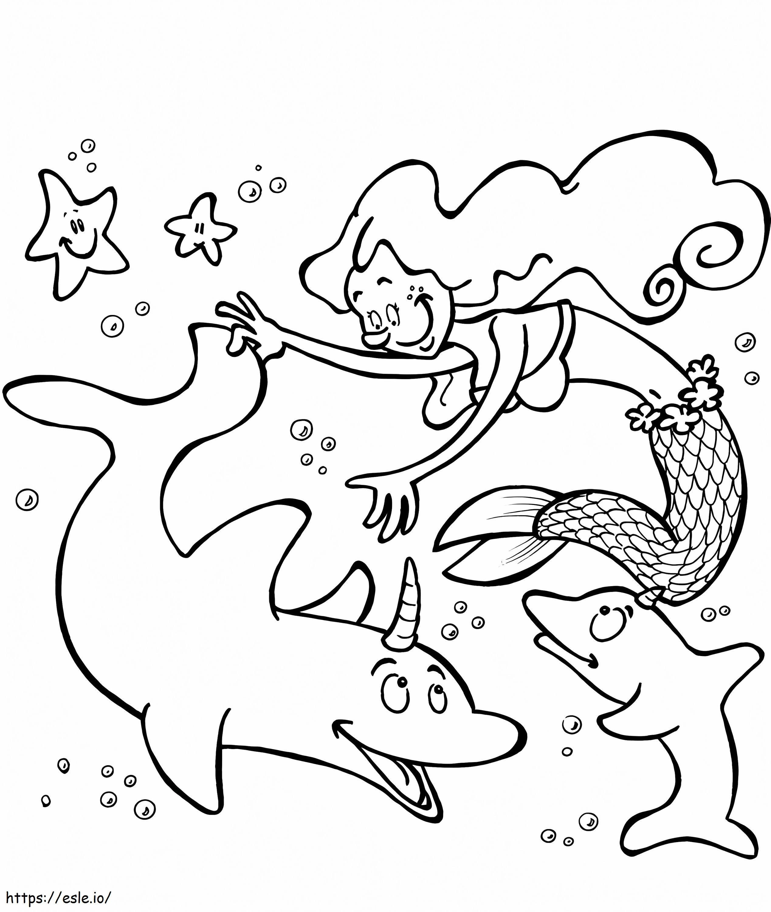 Coloriage Licorne sirène et dauphins à imprimer dessin