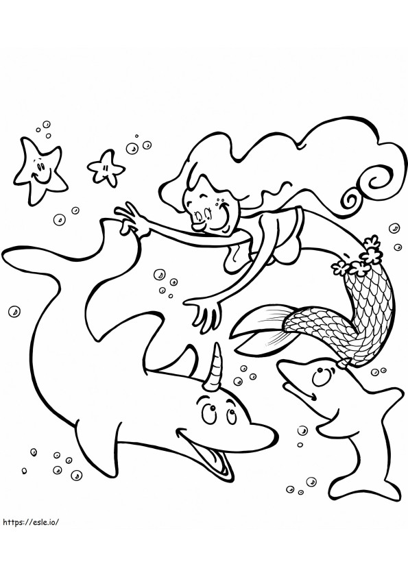 Coloriage Licorne sirène et dauphins à imprimer dessin